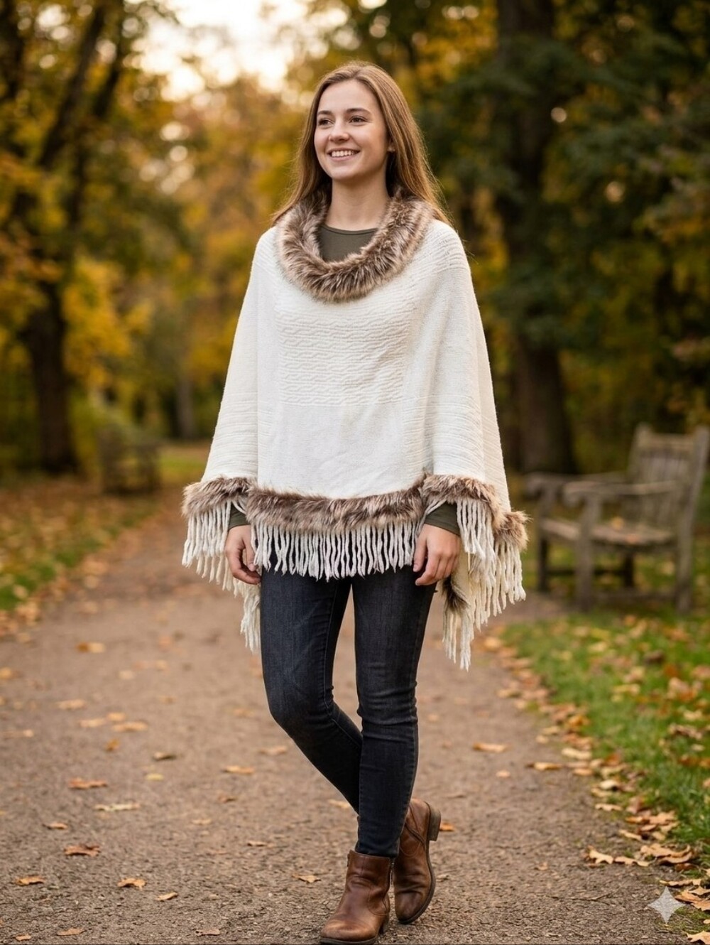 LA Mode Faux Fur Trim Fringed Poncho in White